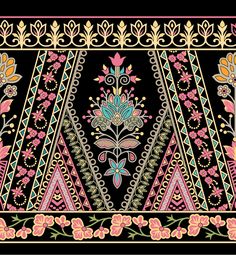 a black background with pink, yellow and blue flowers on it's border is shown