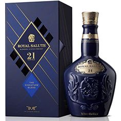 a bottle of royal salute 21 year old whisky in front of a blue and gold box