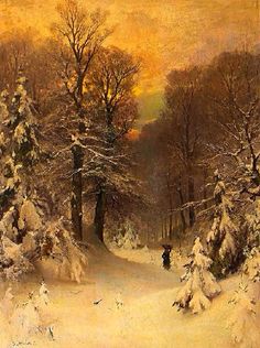 a painting of snow covered trees and people walking in the distance on a snowy day