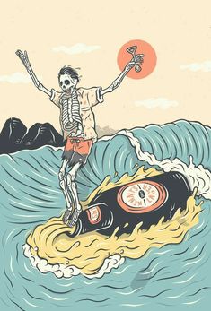 a skeleton riding on top of an old record in the ocean