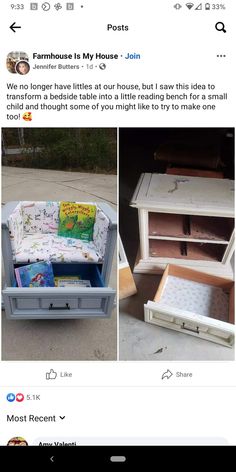 an old dresser turned into a bed with drawers and storage space for children's books