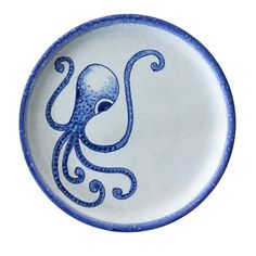 a blue and white plate with an octopus on it