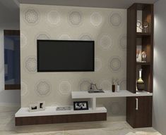 a modern living room with a flat screen tv on the wall and shelves in front of it