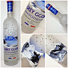 four different pictures of a bottle that has been made to look like an iceberg