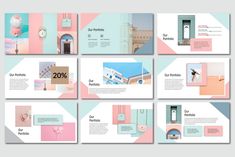 a set of six presentation templates with pastel colors and geometric shapes on them