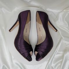 "Dyeable Wedding Shoes. The wedding shoes in the listing picture have been dyed Eggplant Purple, but is available in over 100 additional colors, including white and ivory. We can also color match a sample you send us. These beautiful wedding shoes have a 3 1/2\" heel and a 1/2\" hidden platform. Pick from my color chart or send us a color swatch to match. * All dyed shoes can bleed when exposed to moisture. If you would like to protect your shoes please consider purchasing my water repellent ser Purple Bridal Shoes, Eggplant Purple Wedding, Dark Purple Heels, Purple Wedding Shoes, Beautiful Wedding Shoes, Ivory Bridal Shoes, Purple Bridesmaid, How To Dye Shoes, Ivory Wedding Shoes