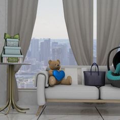 a teddy bear sitting on top of a couch next to a table with a bag