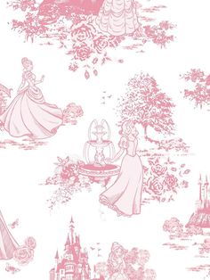 disney princess wallpaper in pink and white with castle silhouettes on the back ground