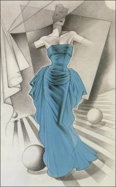 a drawing of a woman in a blue dress