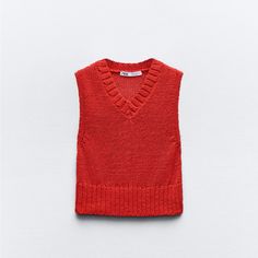 New Red Knit Top From Zara. Love This Too. I Ordered Two Accidentally And Forgot To Return Red Knit V-neck Top, Red Cotton Casual Sweater Vest, Casual Red Sweater Vest For Winter, Casual Red Cotton Sweater Vest, Red Casual Sweater Vest For Spring, Casual Red Sweater Vest For Spring, Red Knitted V-neck Top, Red V-neck Knit Sweater Vest, Trendy Textured Knit Red Tops