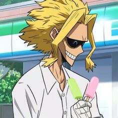 an anime character with blonde hair and sunglasses holding a pink ice cream cone in his hand