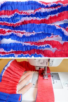 an american flag made out of red, white and blue tissue paper on a sewing machine