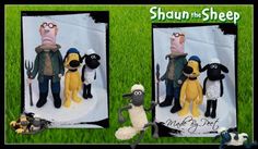 three pictures of stuffed animals in the grass with words shaun the sheep on them