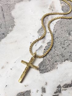 "《《  PENDANT COLLECTION  》》 THE DETAILS The \"RUSTIC GOLD CROSS\" Necklace is designed with an exquisitely detailed Hammered Gold Stainless Steel Cross Pendant, with a cool rustic vibe, hung from a Gold Stainless Steel Box Chain available in your choice of length! 💠🔷️💠View the entire PENDANT COLLECTION here: https://www.etsy.com/shop/MrMacKJewelry?ref=ss_profileFref§ion_id=30638859 MATERIALS * 1 1/4\" × 1/2\" Hammered Gold Stainless Steel Rustic Cross Pendant  * 3mm Gold Stainless Steel Box C Mens Cross Pendant, Gold Adjustable Chain Jewelry For Father's Day, Father's Day Gold Jewelry With Adjustable Chain, Classic Gold Necklaces For Father's Day, Minimalist Gold Jewelry For Father's Day, Gold Cross Necklace For Father's Day, Gold Cross Necklace Men, Cross Pendant Necklace Men, Men Pendant