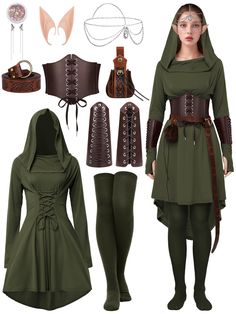 an image of a woman in green outfit with accessories including hood, gloves and boots