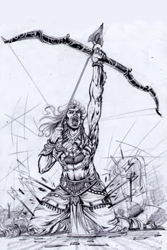 a drawing of a man with a bow and arrow in his hand, standing on the ground