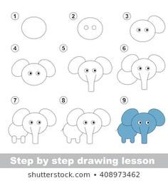 step by step drawing lesson for children to learn how to draw an elephant's head