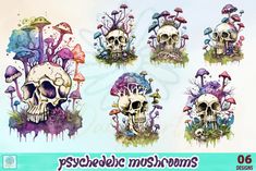 various skulls and mushrooms with watercolor splashs on the sides, all in different colors