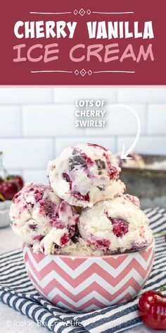 cherry vanilla ice cream in a bowl with text overlay that reads, cherry vanilla ice cream lots of cherry swirls