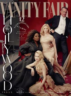 the cover of vanity fair magazine with three women and one man in formal attire posing together