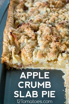 an apple crumb slab pie on a blue plate with the words, apple crumb slab pie