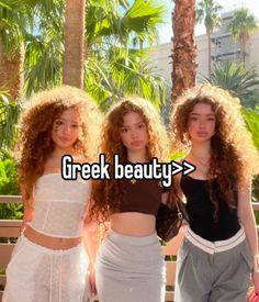 three beautiful young women standing next to each other in front of palm trees with the words greek beauty