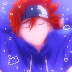 an anime character with red hair wearing a blue hoodie and holding his hands up to his head