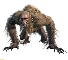 an image of a creature with long hair and claws on it's face, standing in front of a white background