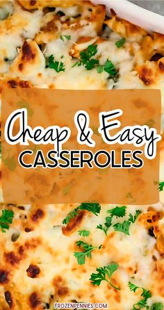 cheesy casserole with cheese and parsley on top in a white dish