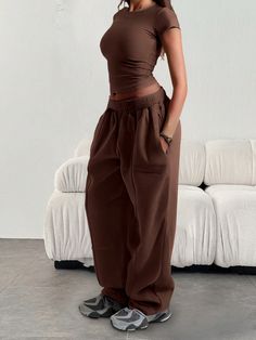 Women's Casual Loose Plain Color Elastic Waist Sweatpants With Pockets Coffee Brown    Knitted Fabric Plain Straight Leg Medium Stretch  Women Clothing, size features are:Bust: ,Length: ,Sleeve Length: Outfit Gym, Sweatpants With Pockets, Eve Outfit, New Years Eve Outfits, Sweatpants Set, Lightweight Cardigan, Cropped Leather Jacket, Kids Sleepwear, Tight Leggings