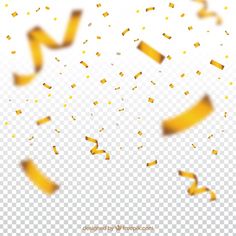 golden streamers and confetti falling down on a transparent background with space for text