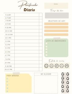 a printable planner with the words diario written in spanish and english on it