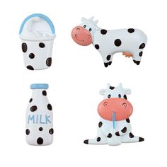 three different types of milk and cow figurines