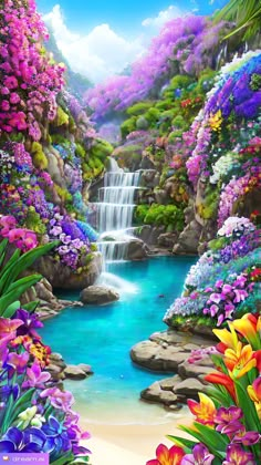 a painting of a waterfall surrounded by flowers