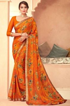 Mustard Yellow Saree, Saree Orange, Printed Chiffon Saree, Yellow Saree, Utsav Fashion, Designer Lehenga Choli, Readymade Blouse