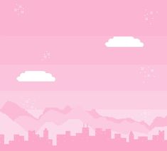 a pink and white cityscape with mountains in the back ground, clouds in the sky