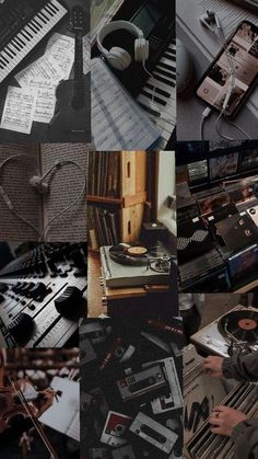 a collage of musical instruments and music sheets