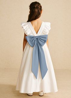 Let your flower girl have fun walking down the aisle while tossing petals in our matte satin dress, Aero. She features a scoop neckline, a beautiful V-back, a lovely bow tie belt, a ruched A-line skirt, and adorable flutter sleeves. This dress is not only perfect for a flower girl at a wedding but also versatile enough for other special occasions. Satin Flower Girl Dresses, Blue Yellow Weddings, Flower Girl Dresses Blue, Fun Walk, Pink Flower Girl Dresses, Bridal Attire, Yellow Wedding, Wildflower Wedding, Wedding Mood Board