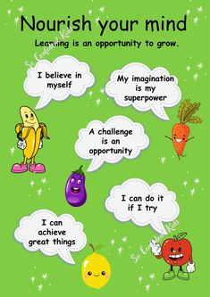 a poster with different fruits and vegetables on it that says nourish your mind learning is an opportunity to grow