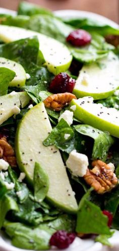 spinach salad with apples, cranberries and pecans in a white bowl