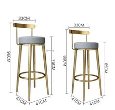 two stools are shown with measurements for the height and seat, one has a gray cushion