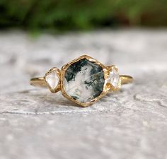 Moss Agate and Herkimer diamond engagement ring - Hexagon shape Moss Agate ring - Moondrop Creations Moss Agate Gold Engagement Ring, Raw Gemstone Ring Engagement, Raw Moss Agate Ring, Engagement Rings Dark Stone, Moss Agate Hexagon Ring, Multicolor Engagement Ring, Simple Earthy Wedding Rings, Engagement Ring Inspiration Unique, Moss Agate Marquise Engagement Ring