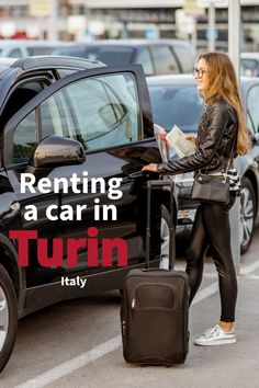 a woman standing next to a black car with luggage in her hand and the words renting a car in turn written on it