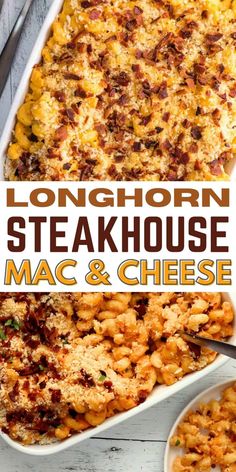 longhorn steak and macaroni casserole in a white dish with text overlay