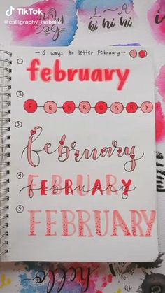 a spiral notebook with the words february written in different font styles and colors on it