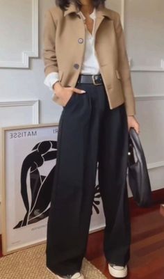 Comfortable Formal Outfits, Grey Silk Pants Outfit, Camel Trousers Outfit Women, French Women Style Outfits Parisian Chic, Olivia Palermo Style 2024, Black Classic Pants Outfit, Black Trousers Outfit Winter, Cream Wide Leg Pants Outfits, Trousers Outfit For Women