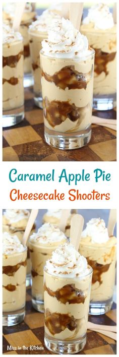 caramel apple pie cheesecake shooters with whipped cream and chocolate toppings on top