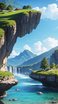 a painting of a waterfall in the middle of a mountain range with blue water and green grass