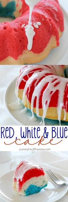 red, white and blue cake on a plate with a bite taken out of it