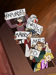 cartoon characters holding up signs that say, rapunel will you marry me?